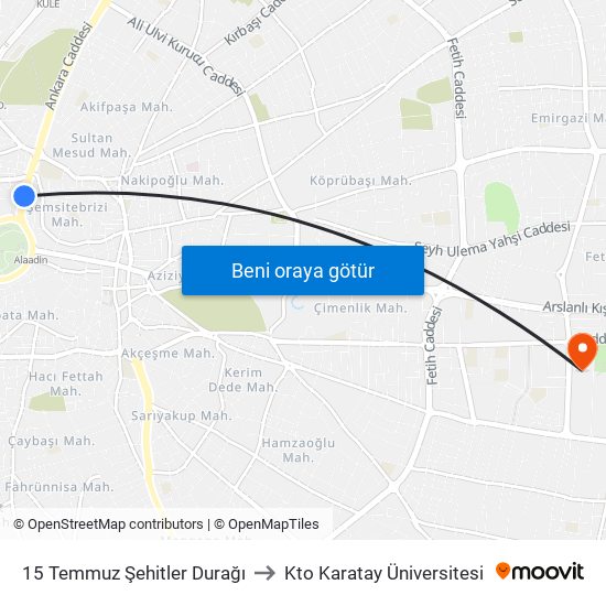 15 Temmuz Şehitler Durağı to Kto Karatay Üniversitesi map