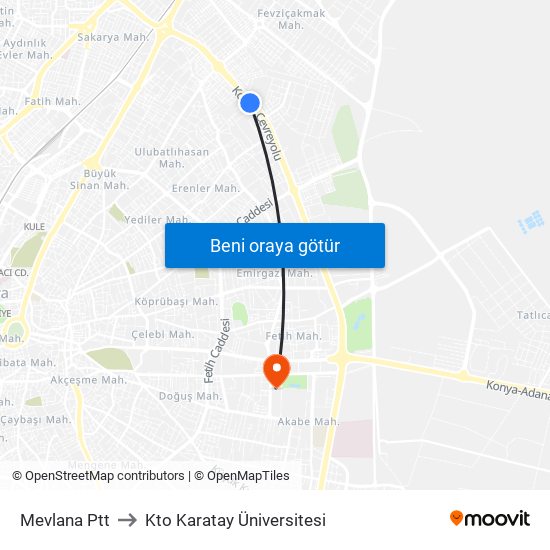 Mevlana Ptt to Kto Karatay Üniversitesi map