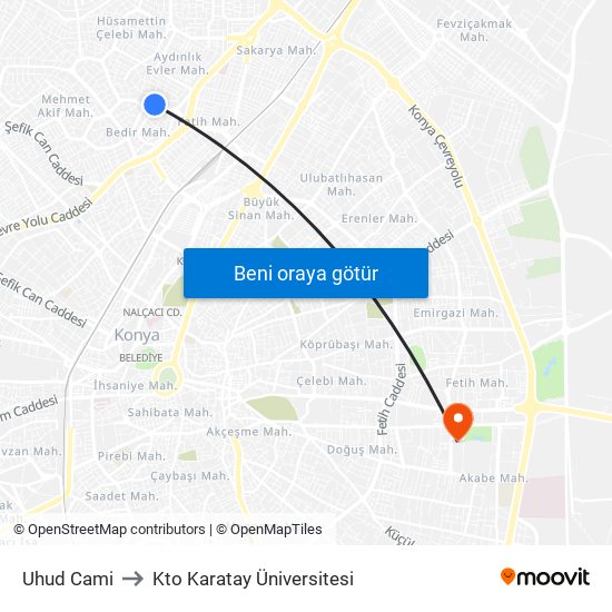 Uhud Cami to Kto Karatay Üniversitesi map