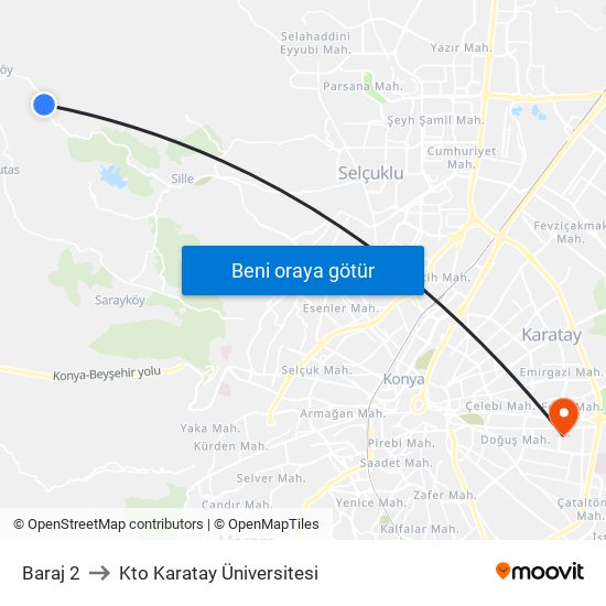 Baraj 2 to Kto Karatay Üniversitesi map