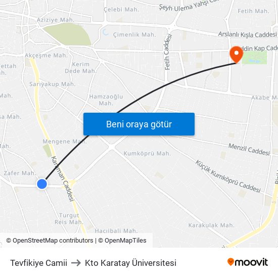 Tevfikiye Camii to Kto Karatay Üniversitesi map