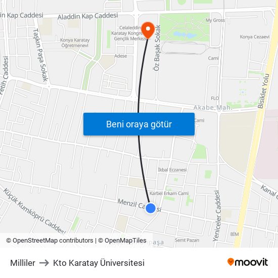 Milliler to Kto Karatay Üniversitesi map