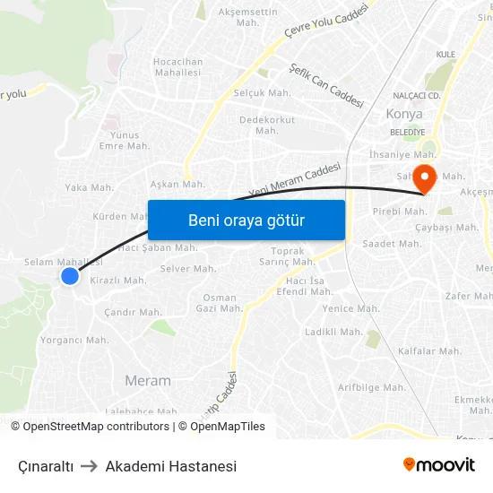 Çınaraltı to Akademi Hastanesi map