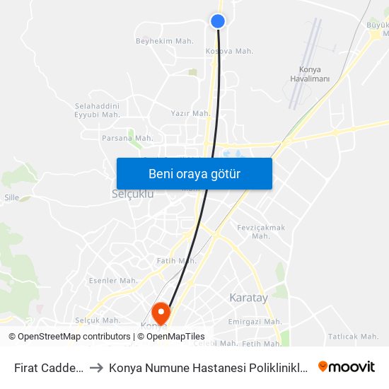 Firat Caddesi to Konya Numune Hastanesi Poliklinikleri map