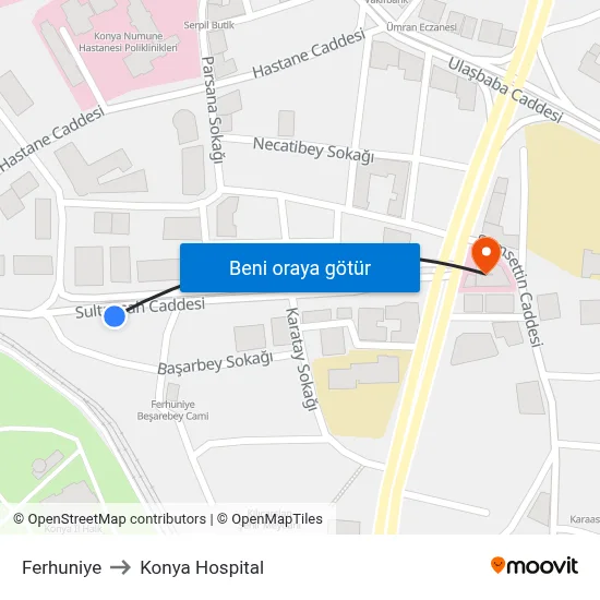 Ferhuniye to Konya Hospital map