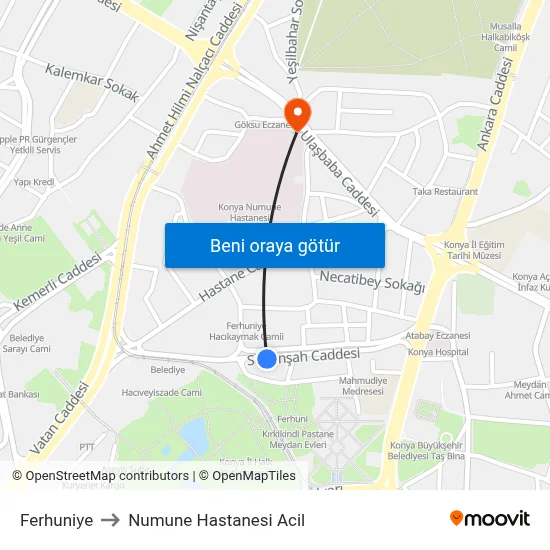 Ferhuniye to Numune Hastanesi Acil map