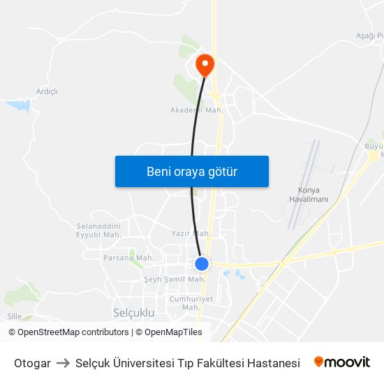 Otogar to Selçuk Üniversitesi Tıp Fakültesi Hastanesi map