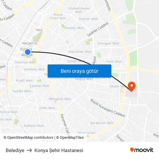 Belediye to Konya Şehir Hastanesi map