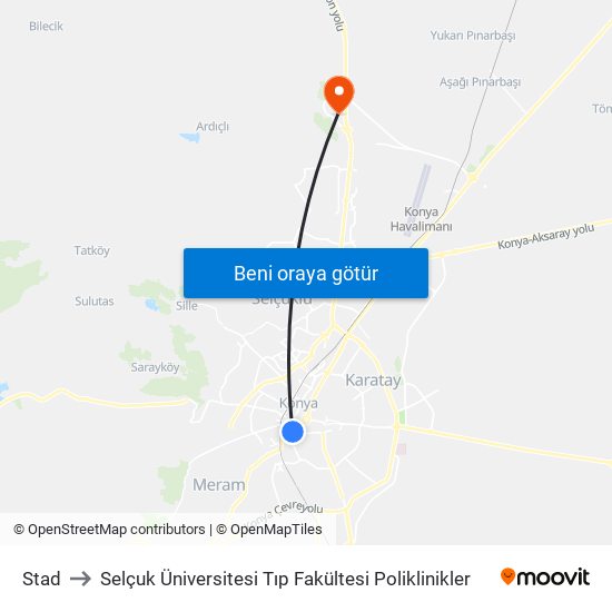 Stad to Selçuk Üniversitesi Tıp Fakültesi Poliklinikler map