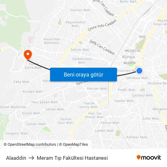 Alaaddin to Meram Tıp Fakültesi Hastanesi map