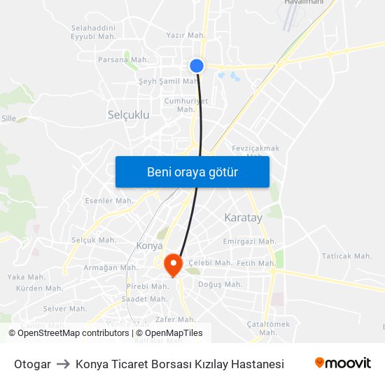 Otogar to Konya Ticaret Borsası Kızılay Hastanesi map