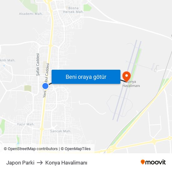 Japon Parki to Konya Havalimanı map