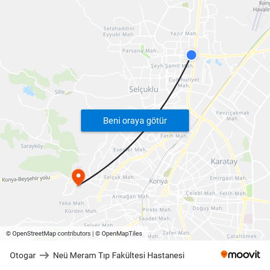 Otogar to Neü Meram Tıp Fakültesi Hastanesi map