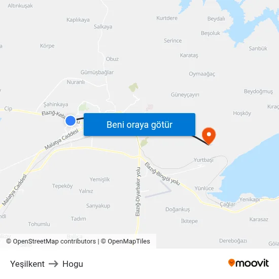 Yeşilkent to Hogu map