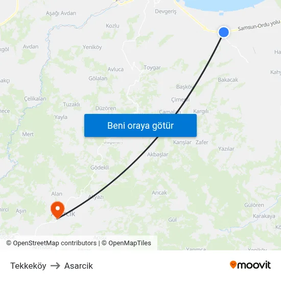 Tekkeköy to Asarcik map