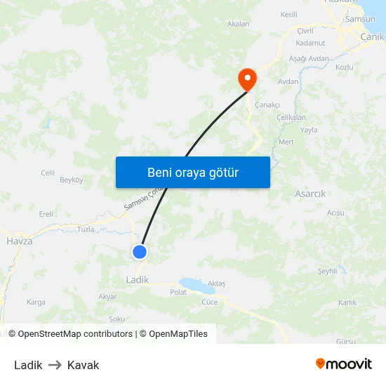Ladik to Kavak map