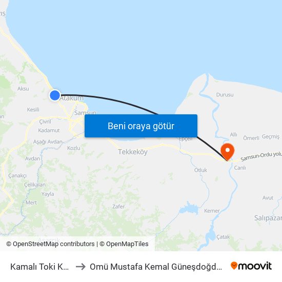 Kamalı Toki Kavşağı to Omü Mustafa Kemal Güneşdoğdu Yerleşkesi map