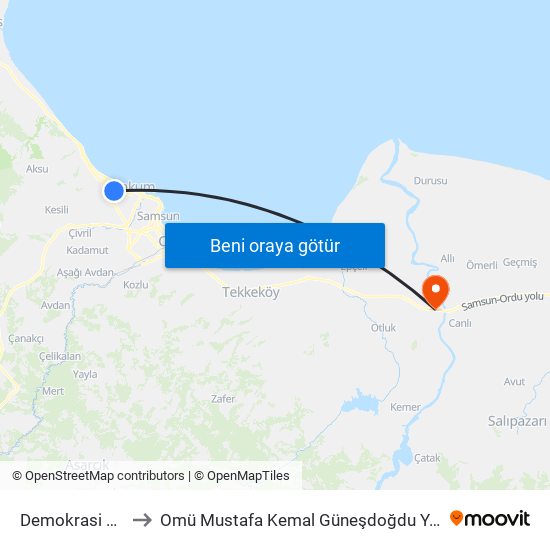 Demokrasi Parkı to Omü Mustafa Kemal Güneşdoğdu Yerleşkesi map