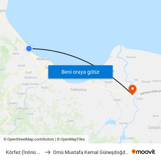 Körfez (İnönü Bulvarı) to Omü Mustafa Kemal Güneşdoğdu Yerleşkesi map