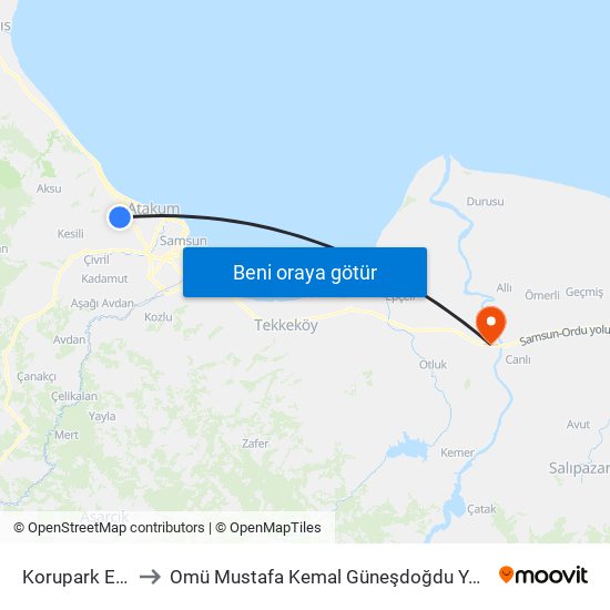 Korupark Evleri to Omü Mustafa Kemal Güneşdoğdu Yerleşkesi map