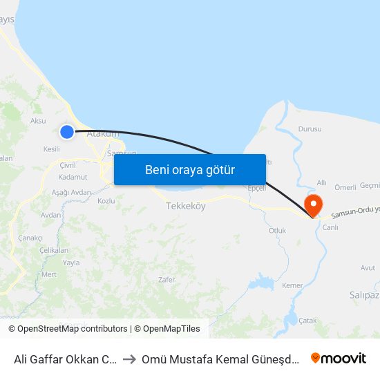 Ali Gaffar Okkan Caddesi 10 to Omü Mustafa Kemal Güneşdoğdu Yerleşkesi map