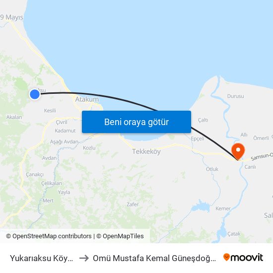 Yukarıaksu Köyü Yolu 3 to Omü Mustafa Kemal Güneşdoğdu Yerleşkesi map