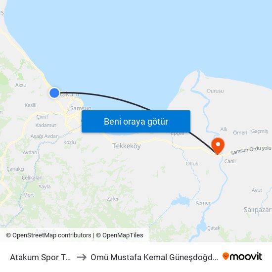 Atakum Spor Tesisleri to Omü Mustafa Kemal Güneşdoğdu Yerleşkesi map