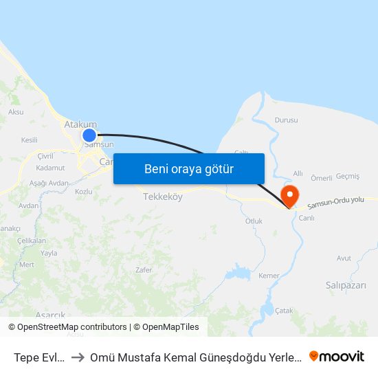 Tepe Evleri to Omü Mustafa Kemal Güneşdoğdu Yerleşkesi map