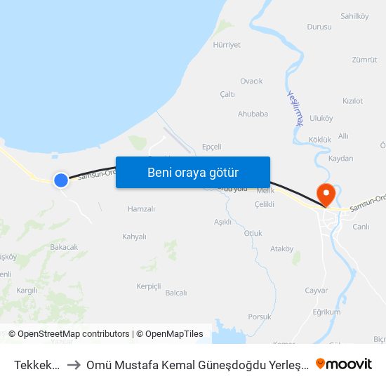 Tekkeköy to Omü Mustafa Kemal Güneşdoğdu Yerleşkesi map