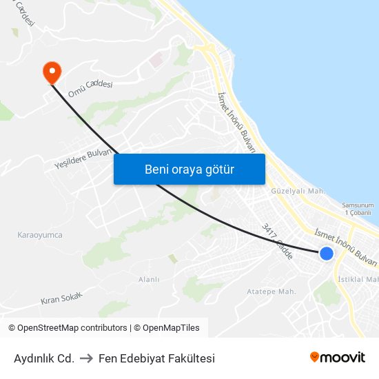 Aydınlık Cd. to Fen Edebiyat Fakültesi map