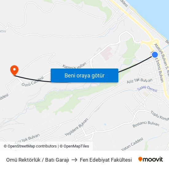 Omü Rektörlük / Batı Garajı to Fen Edebiyat Fakültesi map