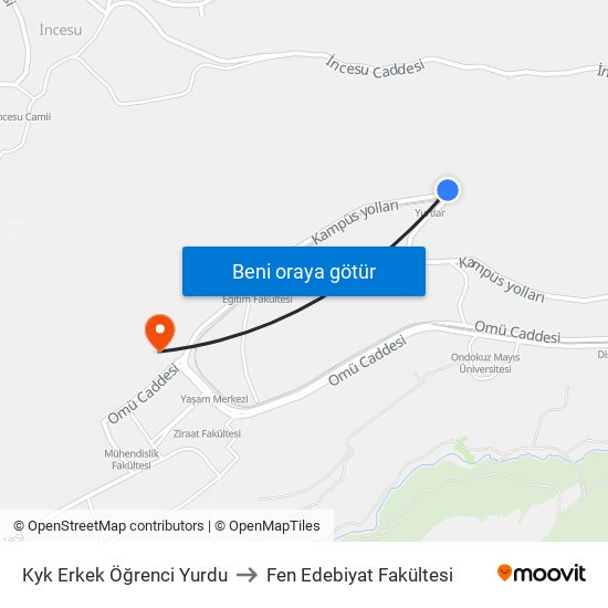Kyk Erkek Öğrenci Yurdu to Fen Edebiyat Fakültesi map