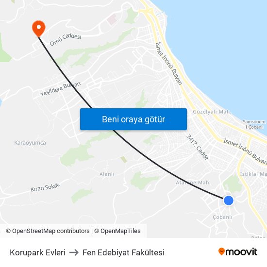 Korupark Evleri to Fen Edebiyat Fakültesi map