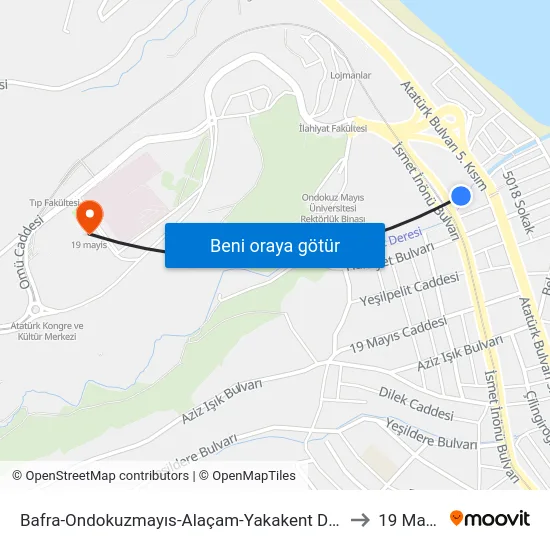 Bafra-Ondokuzmayıs-Alaçam-Yakakent Durağı to 19 Mayis map