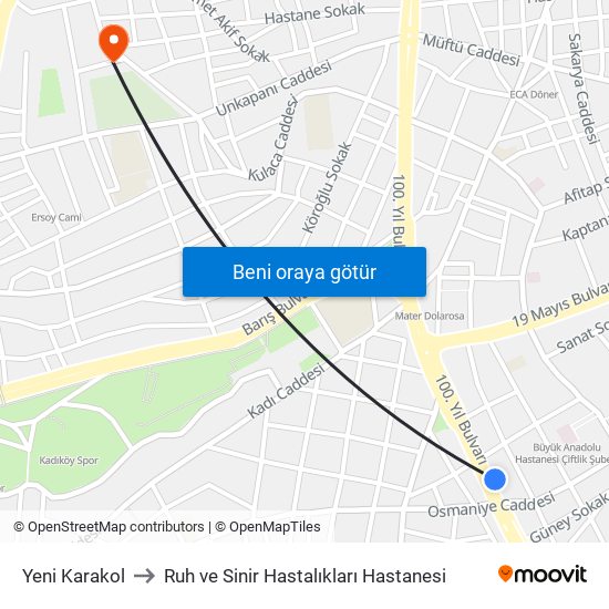 Yeni Karakol to Ruh ve Sinir Hastalıkları Hastanesi map