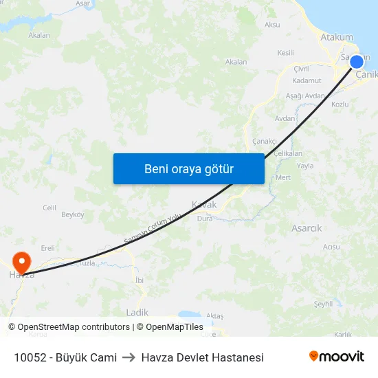 10052 - Büyük Cami to Havza Devlet Hastanesi map