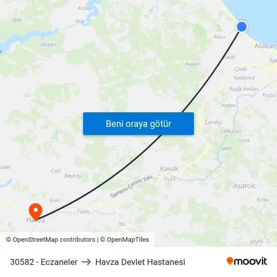 30582 - Eczaneler to Havza Devlet Hastanesi map