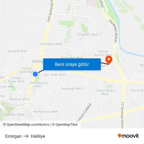 Emirgan to Haliliye map