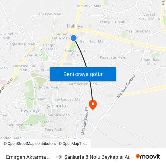 Emirgan Aktarma Merkezi (T2) to Şanlıurfa 8 Nolu Beykapısı Aile Sağlık Merkez map