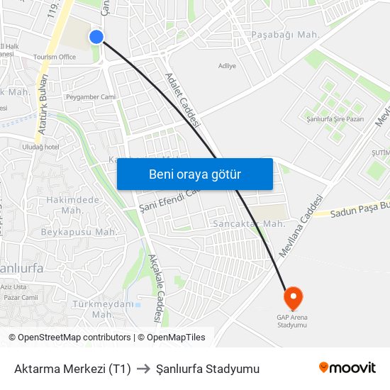 Aktarma Merkezi (T1) to Şanlıurfa Stadyumu map