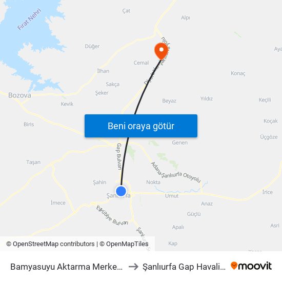 Bamyasuyu Aktarma Merkezi (T3) to Şanlıurfa Gap Havalimanı map