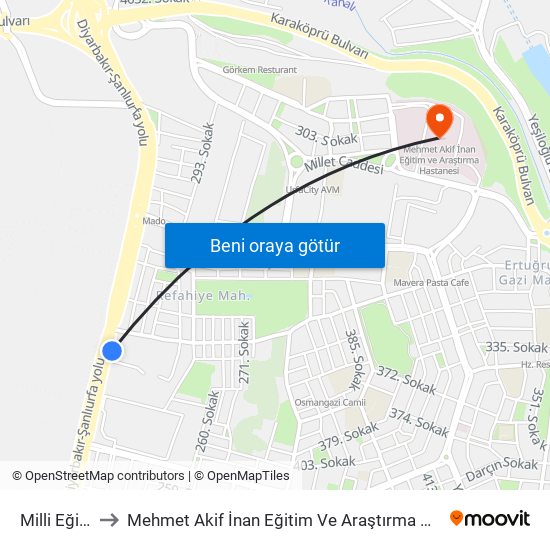 Milli Eğitim to Mehmet Akif İnan Eğitim Ve Araştırma Hastanesi map