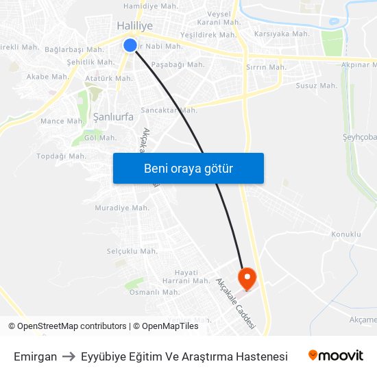 Emirgan to Eyyübiye Eğitim Ve Araştırma Hastenesi map