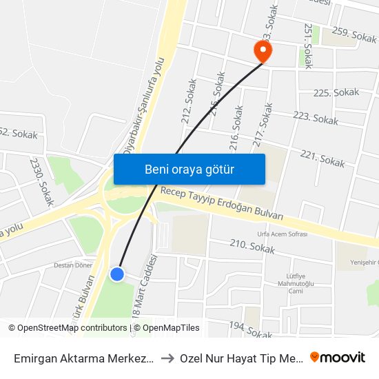 Emirgan Aktarma Merkezi (T2) to Ozel Nur Hayat Tip Merkezi map