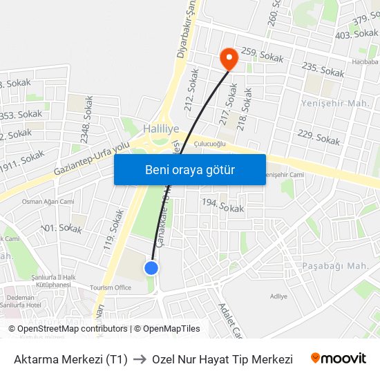 Aktarma Merkezi (T1) to Ozel Nur Hayat Tip Merkezi map