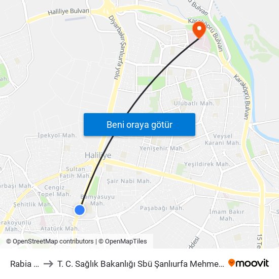 Rabia Meydanı to T. C. Sağlık Bakanlığı Sbü Şanlıurfa Mehmet Akif İnan Eğitim ve Araştırma Hastanesi map