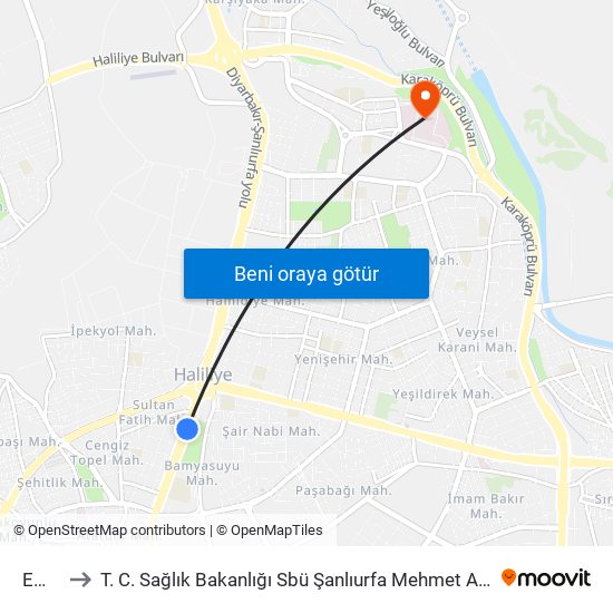 Emirgan to T. C. Sağlık Bakanlığı Sbü Şanlıurfa Mehmet Akif İnan Eğitim ve Araştırma Hastanesi map