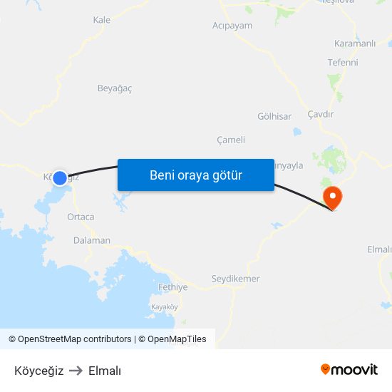 Köyceğiz to Elmalı map