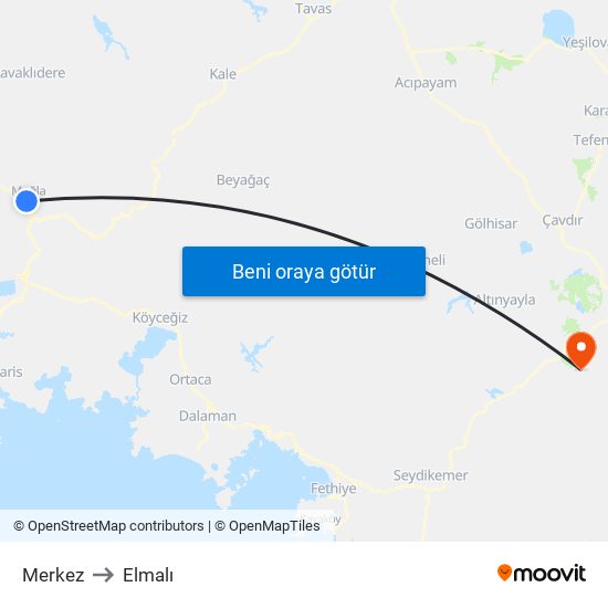 Merkez to Elmalı map