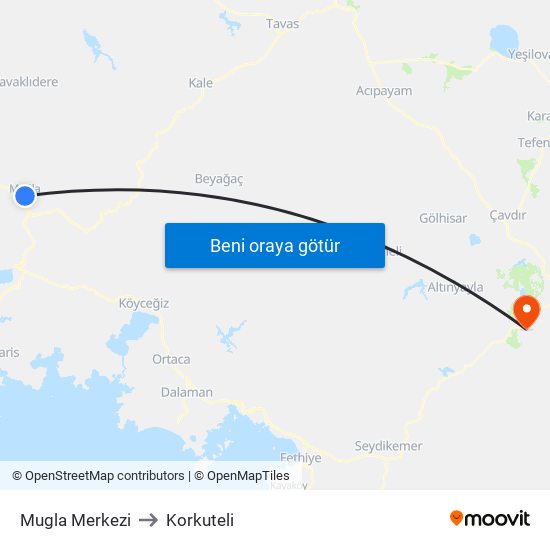 Mugla Merkezi to Korkuteli map